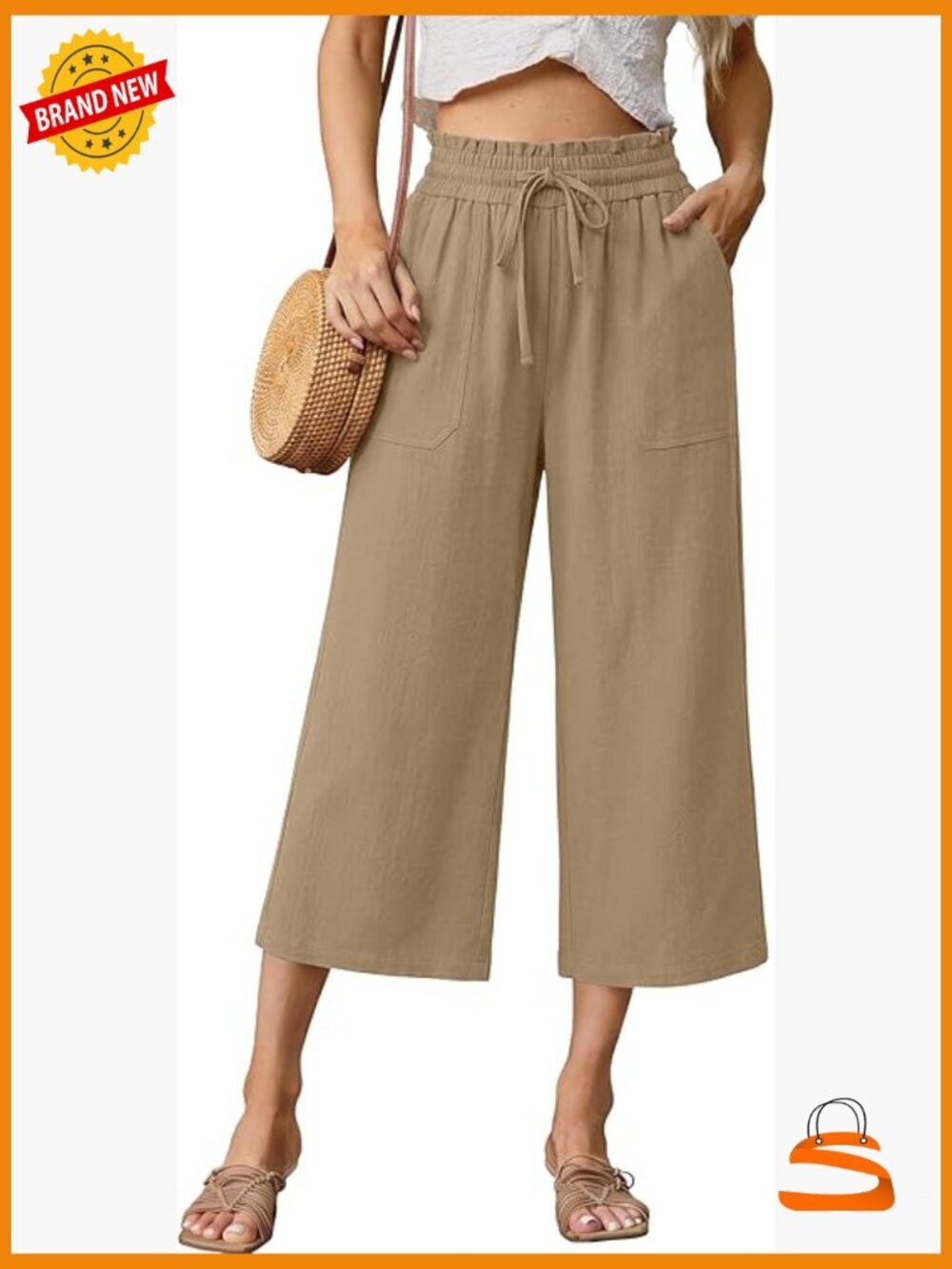 Womens Linen Capri Pants Ruffle Waist Drawstring with Pockets